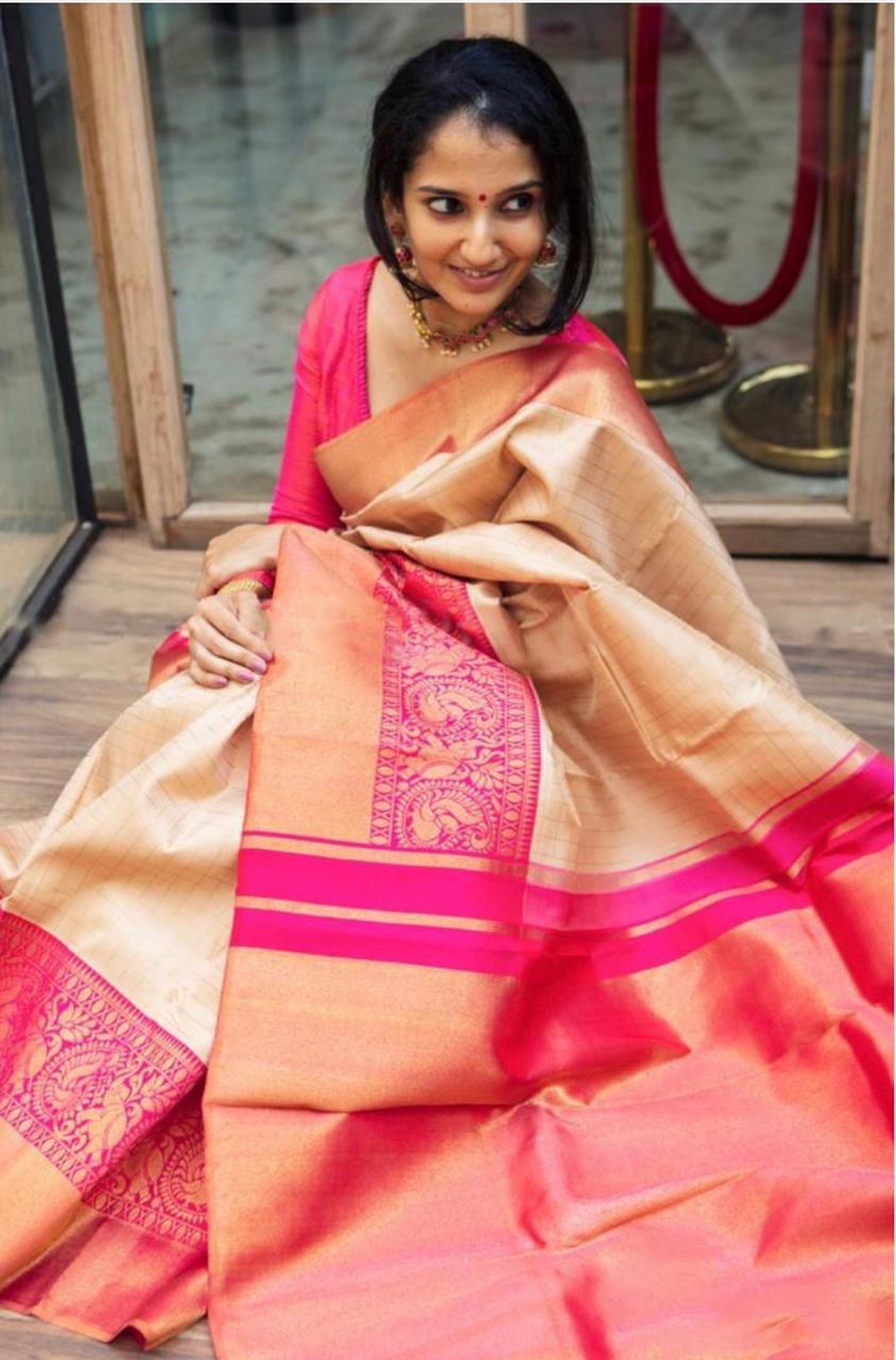 Sophisticated Cream Chex Soft Silk Saree with Intricate Zari Work, Adding Elegance to Your Look