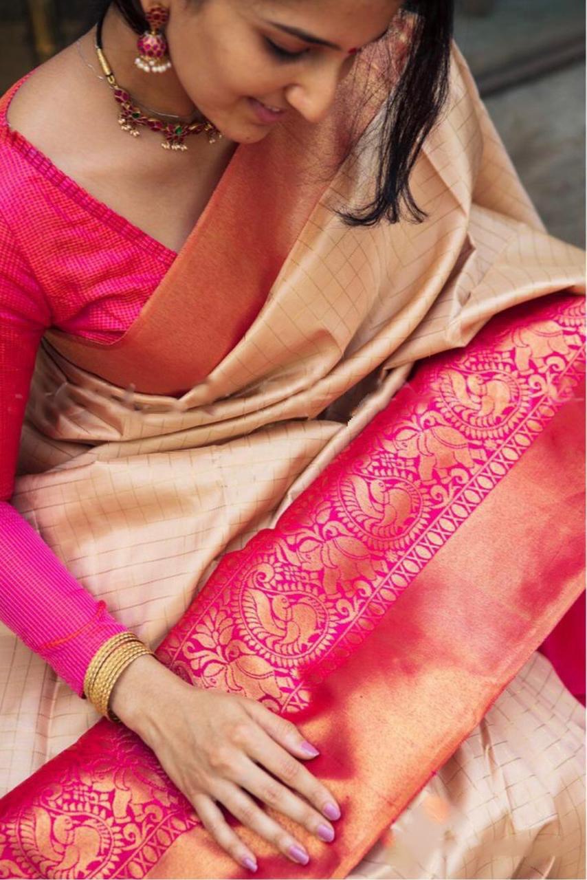 Classic Cream Chex Soft Silk Banarasi Saree with Intricate Zari Weaving, Ideal for Festive Events