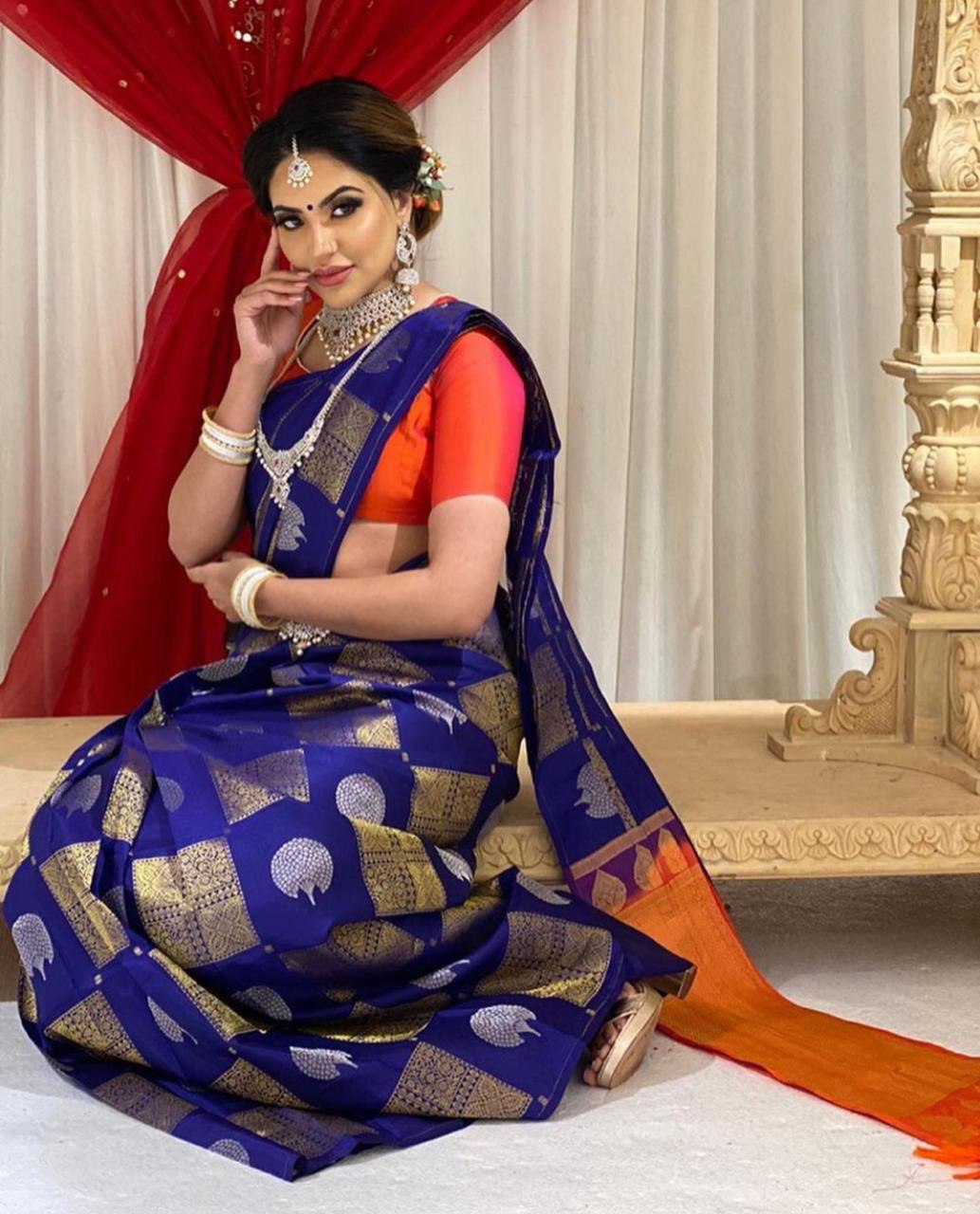 Sophisticated Blue Banarasi Jacquard Saree with Unique Woven Design