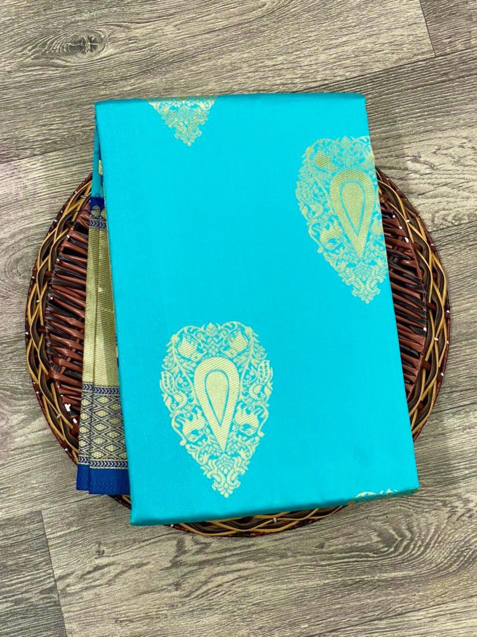 golden jacquard work sky blue kanjivaram silk saree