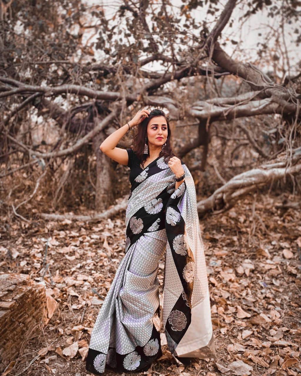 Opulent Black Floral Jacquard Banarasi Silk Saree for an Elegant Statement