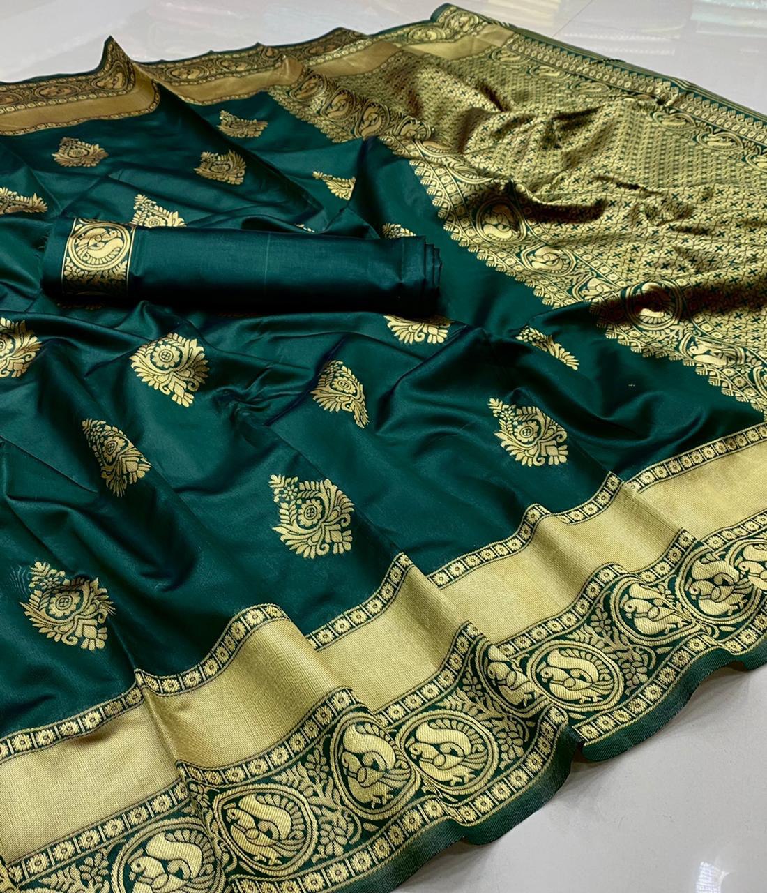 Elegant Green Soft Silk Banarasi Saree, Embroidered with Beautiful Meena Designs