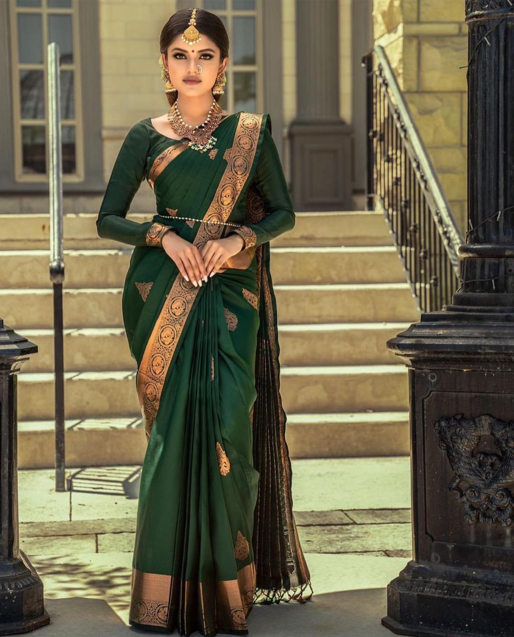 Graceful Green Soft Silk Banarasi Saree, Showcasing Stunning Meena Craftsmanship