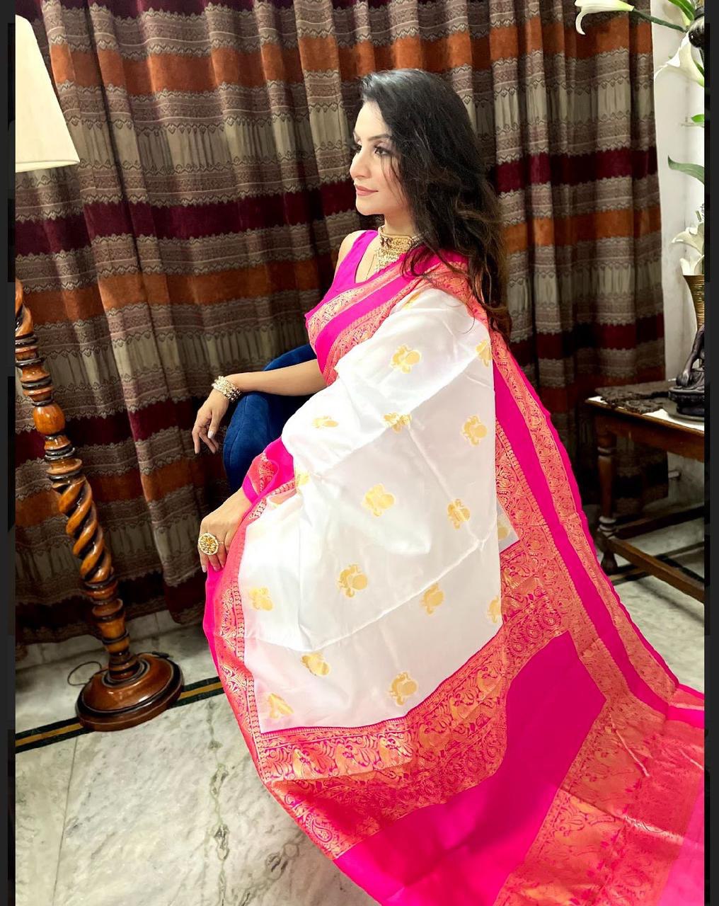 white and pink kanjivaram jacquard saree