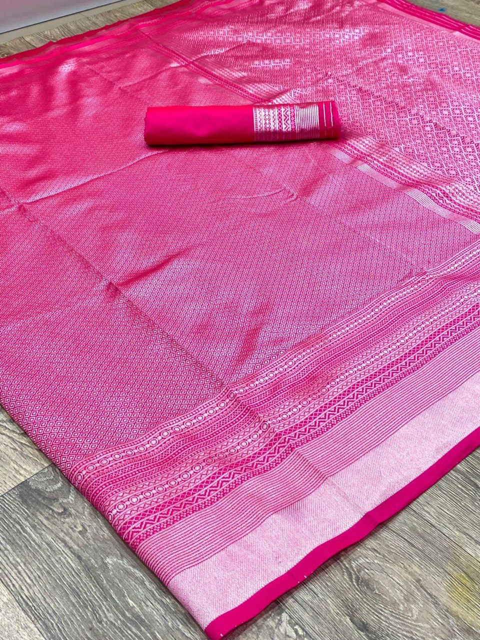 bright pink silver zari woven kanjivaram soft silk saree