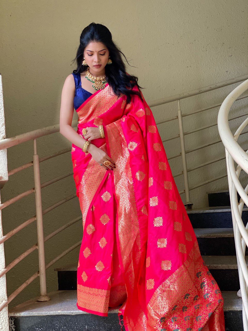 Scarlet Red Banarasi Soft Silk Saree with Intricate Golden Zari Weaving