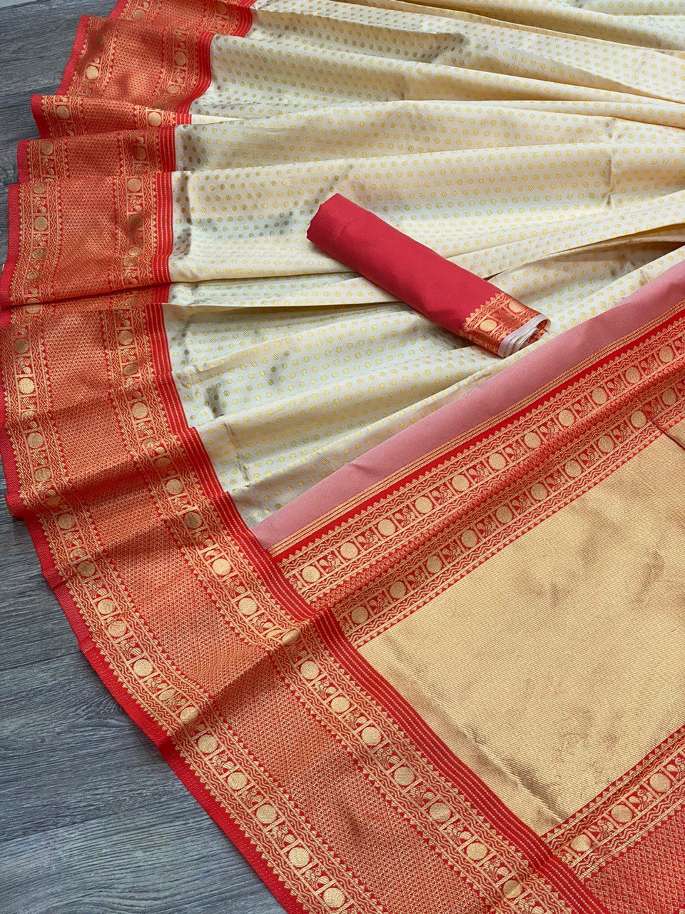 red and cream soft silk saree