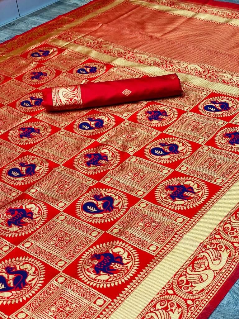 Maroon Red Exquisite Zari Woven Soft Silk Banarasi Saree