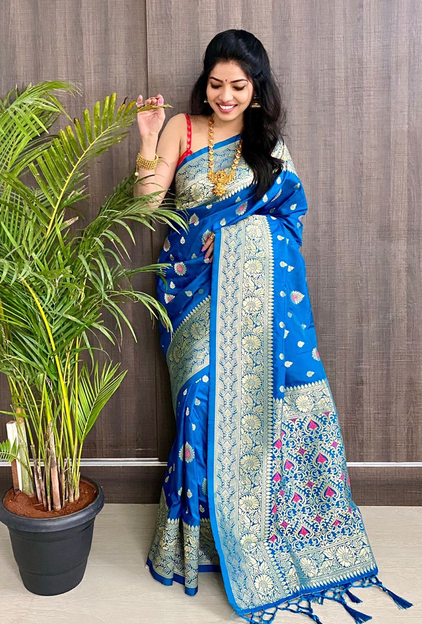blue soft silk jacquard saree with zari weaving work