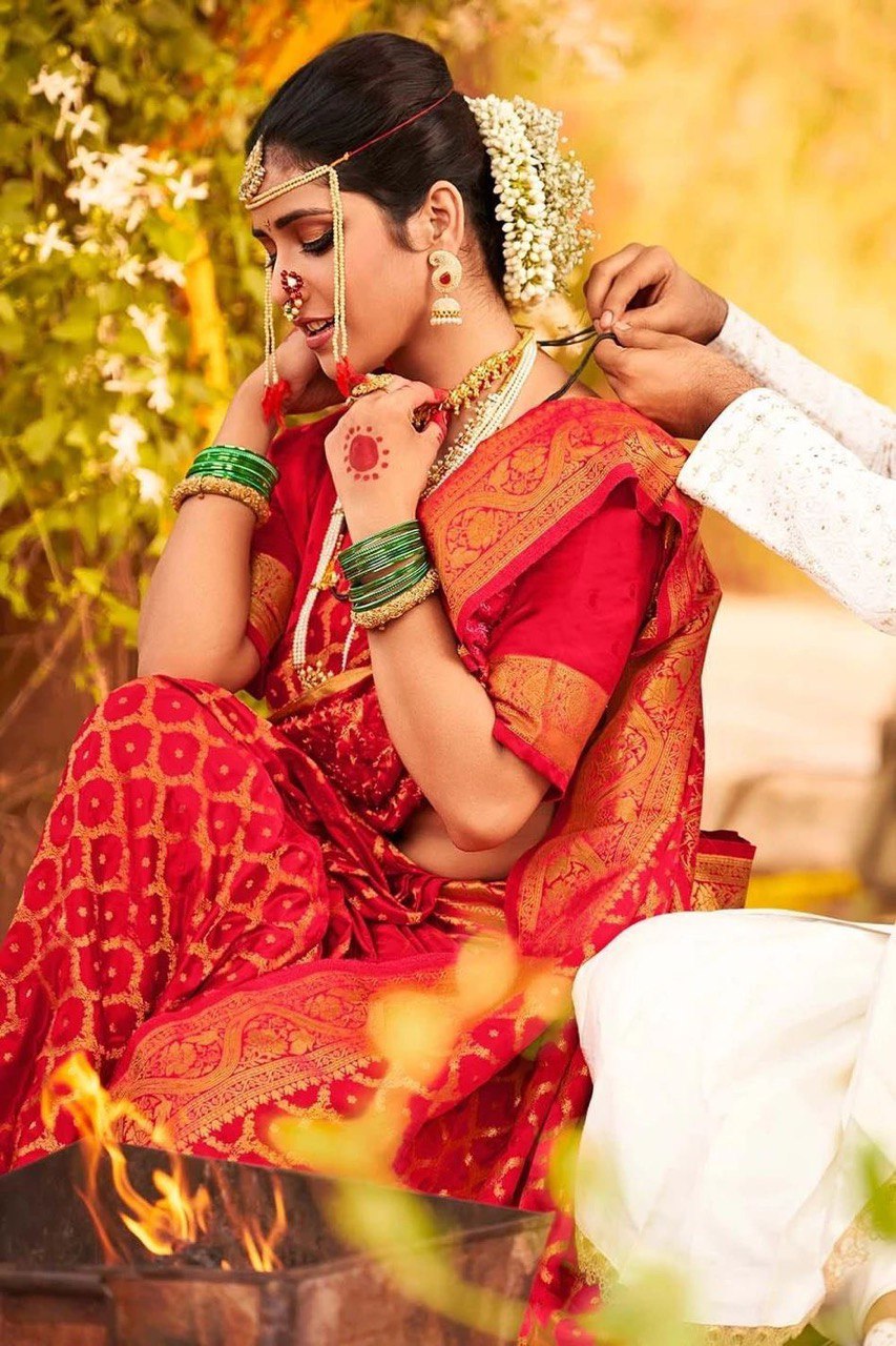Deep Red Banarasi Cotton Silk Saree with Intricate Zari Design