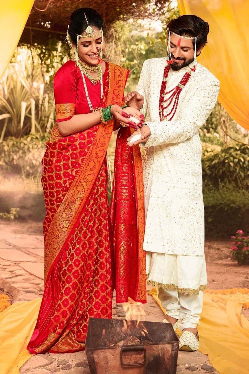 Luxurious Ruby Red Banarasi Cotton Silk Saree Adorned with Zari Work