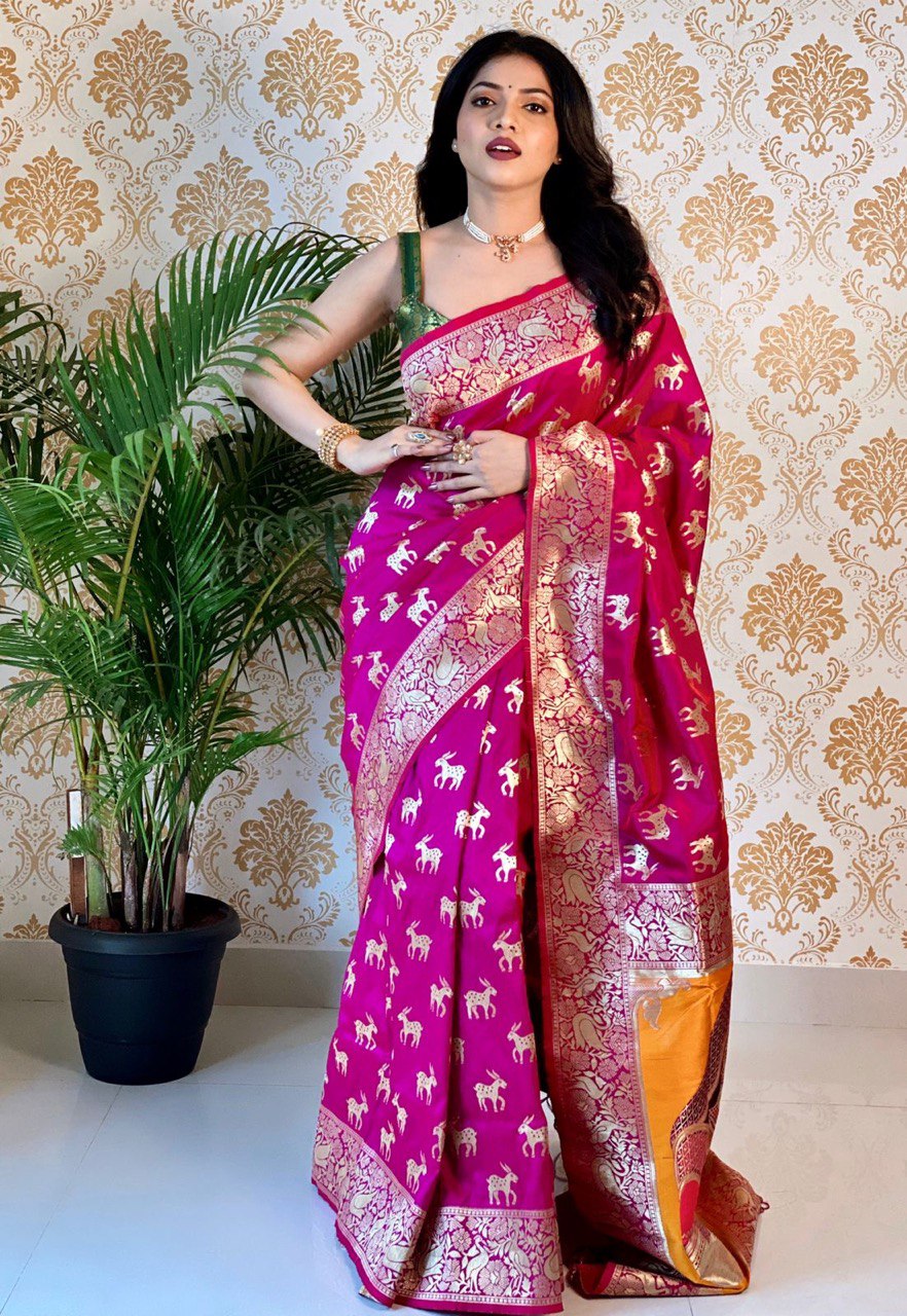 Wildly Elegant: Pink Animal Printed Banarasi Art Silk Saree, Embracing Nature's Beauty in Style