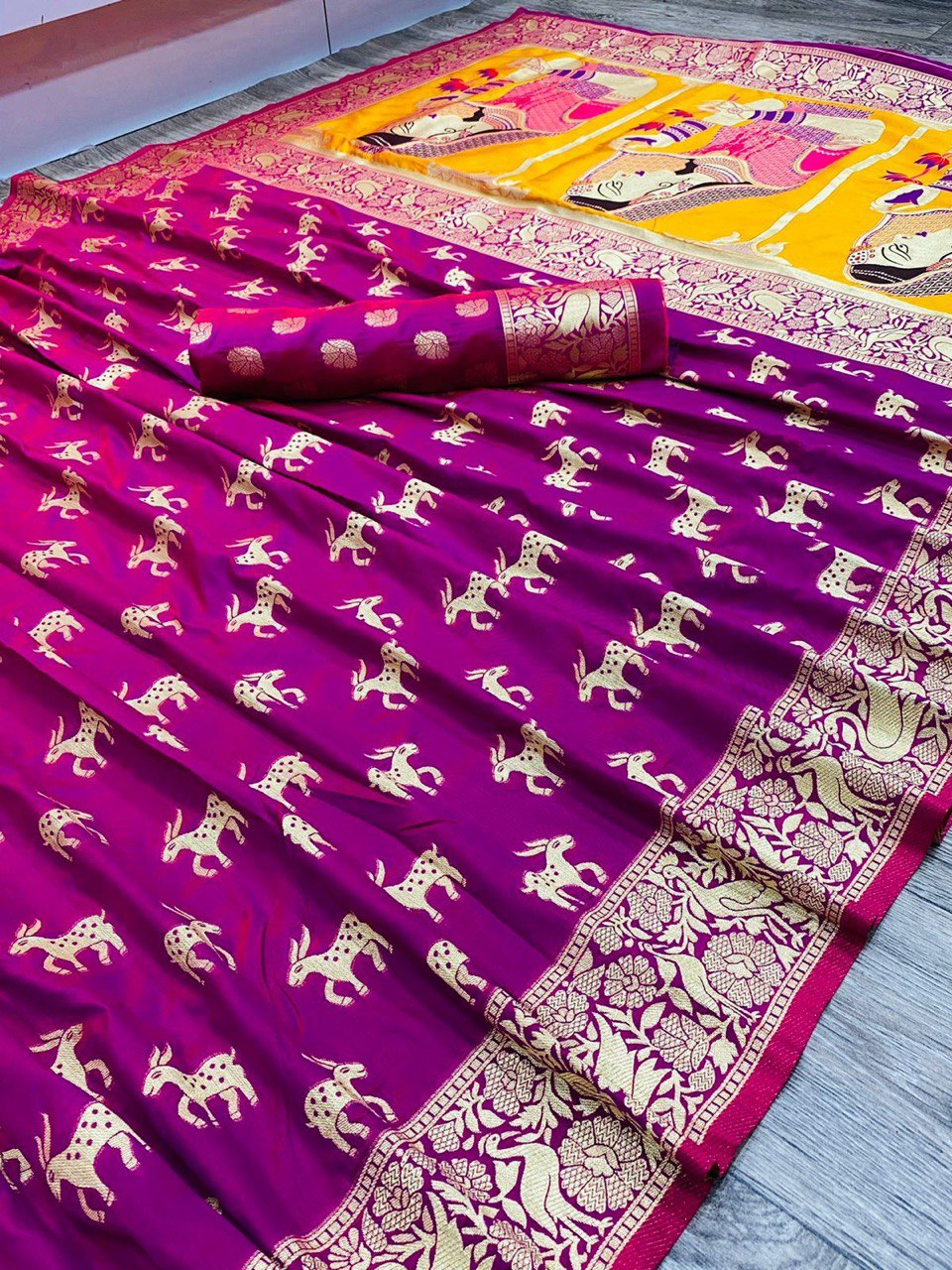 Exquisite Wilderness: Pink Animal Printed Banarasi Art Silk Saree, Expressing Your Love for Nature in Fashion