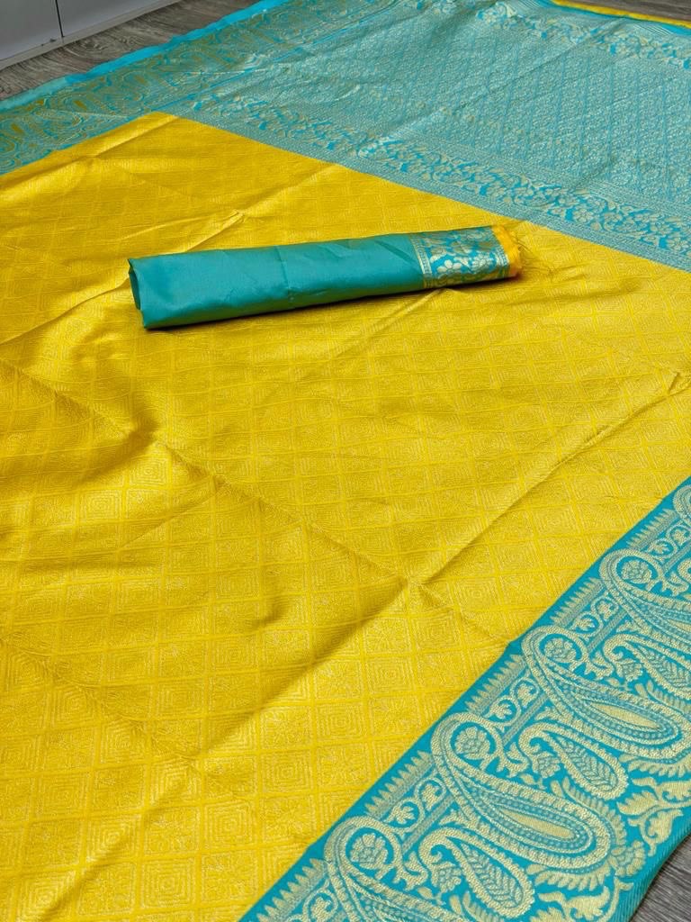 Yellow Banarasi Soft Silk Jacquard Wedding Saree - Timeless Beauty