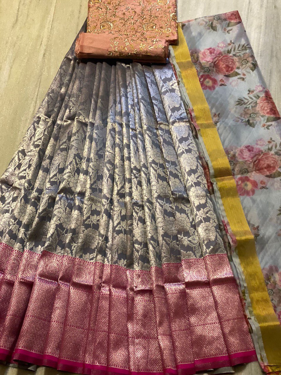 Trending Kanjivaram Pure Silk Half Saree & blouse along with Dupatta