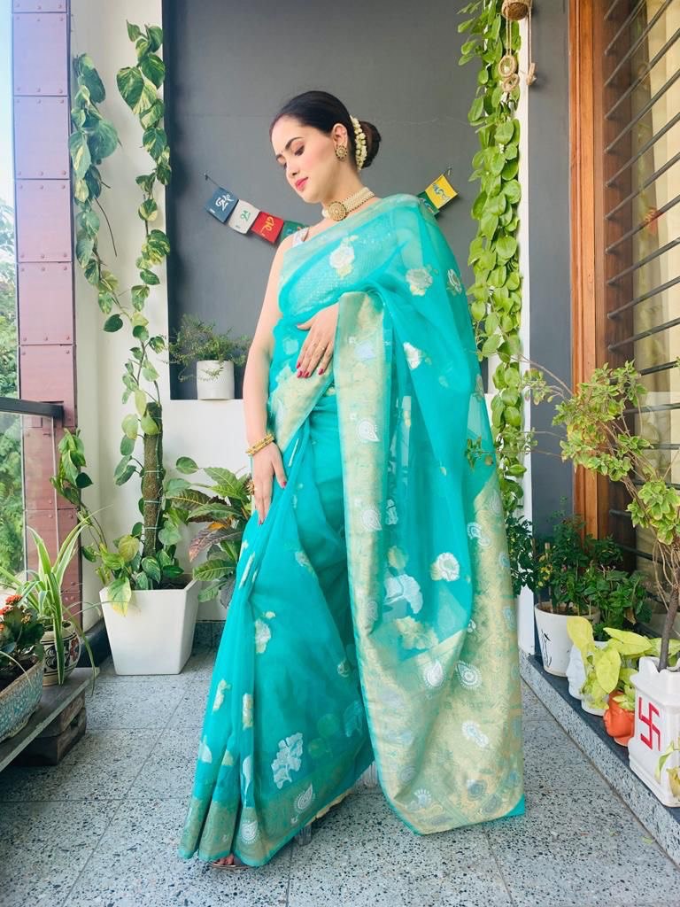 Woven Bollywood Organza Saree (Light Blue)
