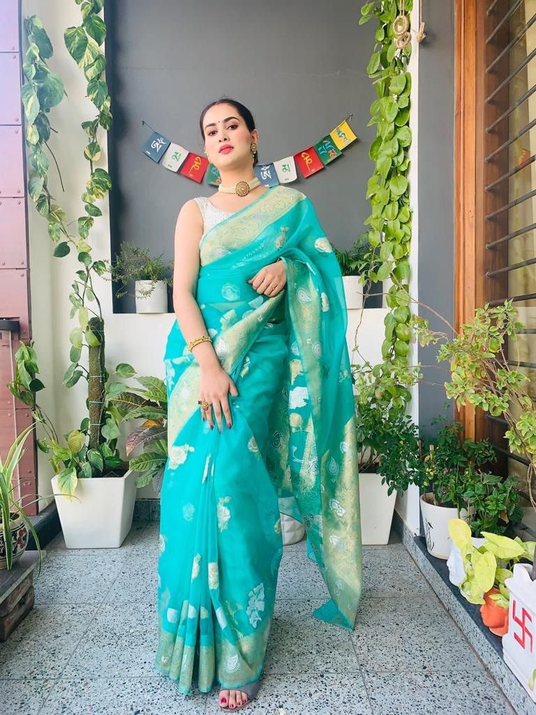 Woven Bollywood Organza Saree (Light Blue)