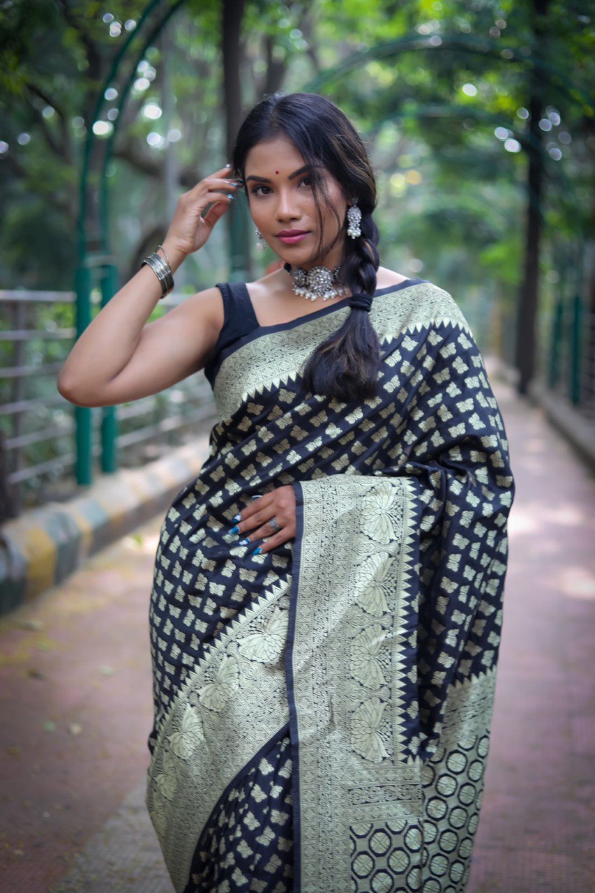 Luxurious Zari Woven Banarasi Soft Silk Saree in Black Hue