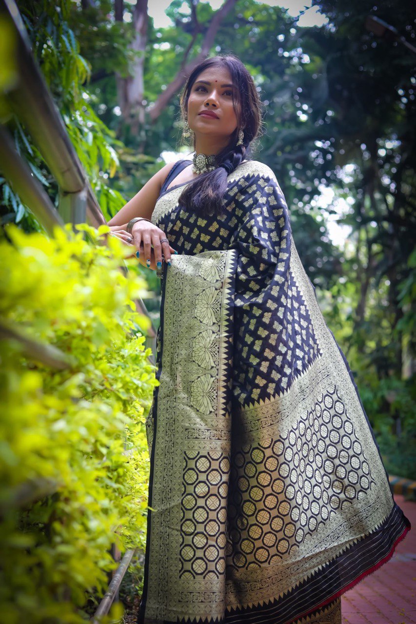 Elegant Black Banarasi Soft Silk Saree with Zari Weaving