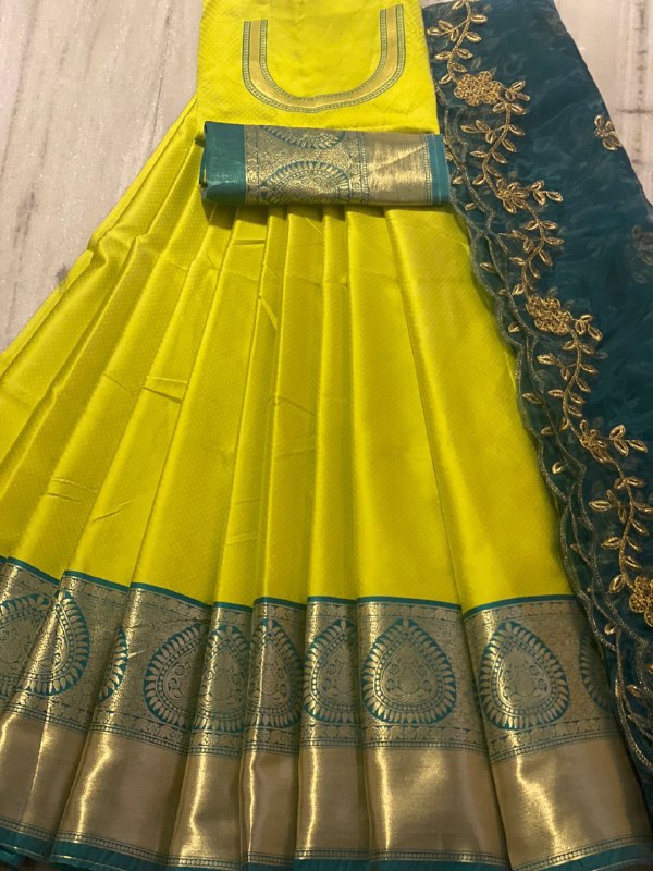 Lime Yellow Soft Silk Lehenga Choli with Embroidered Dupatta