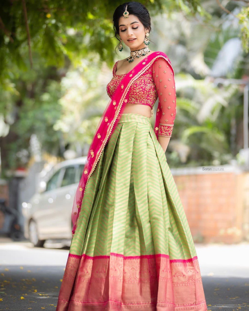 Pink & Green Kanjivaram Pure Silk Saree with Blouse and Dupatta