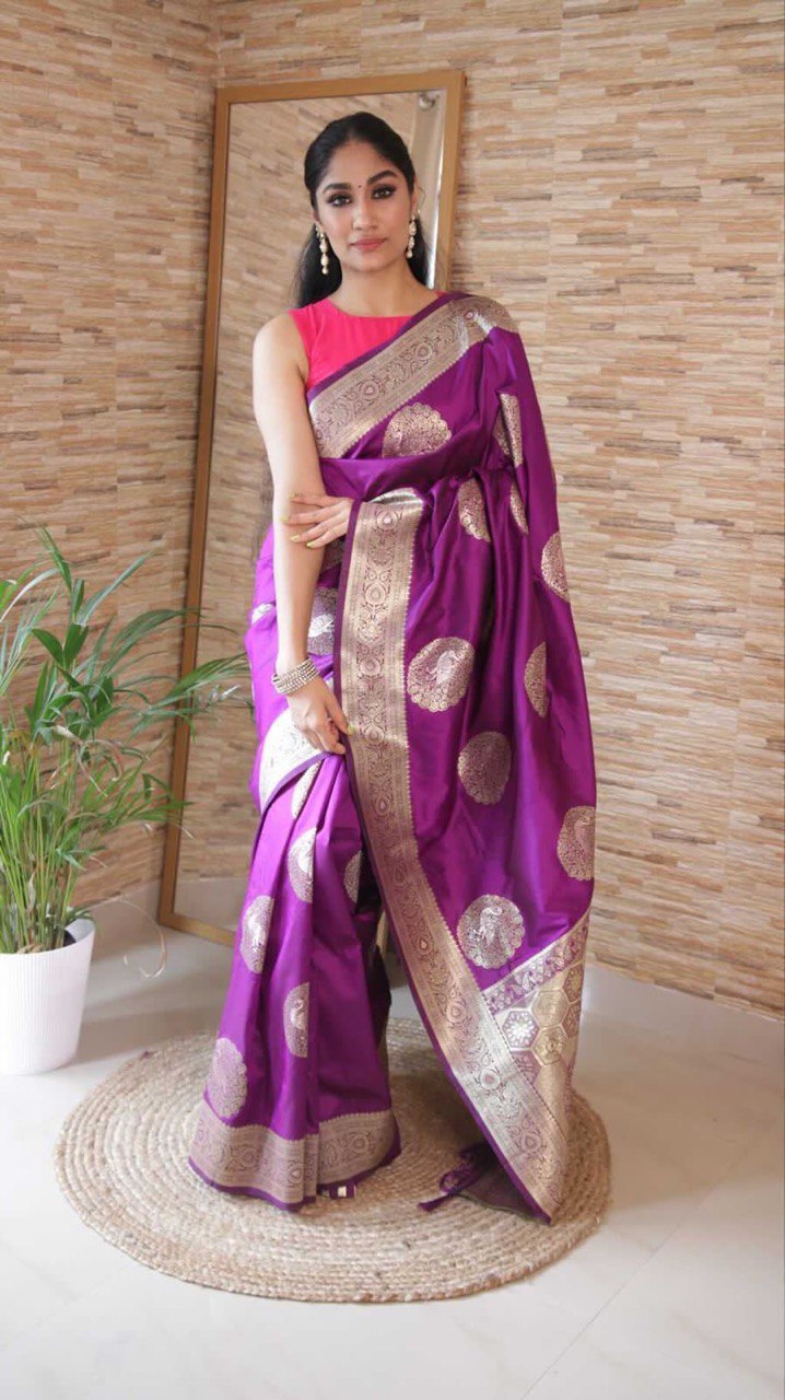 purple peacock applique kanjivaram art silk saree