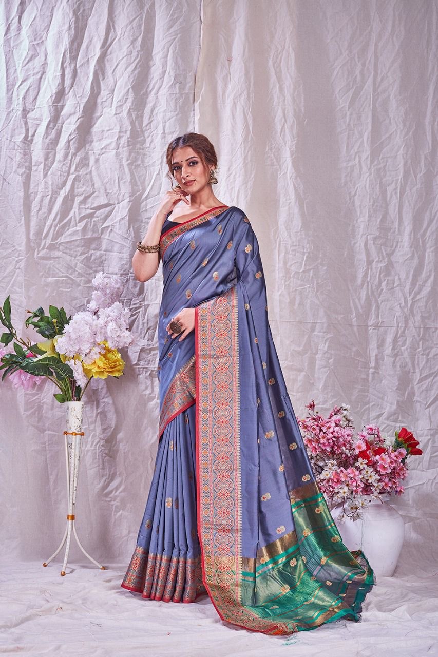 grey pure zari weaving kanjivaram silk saree