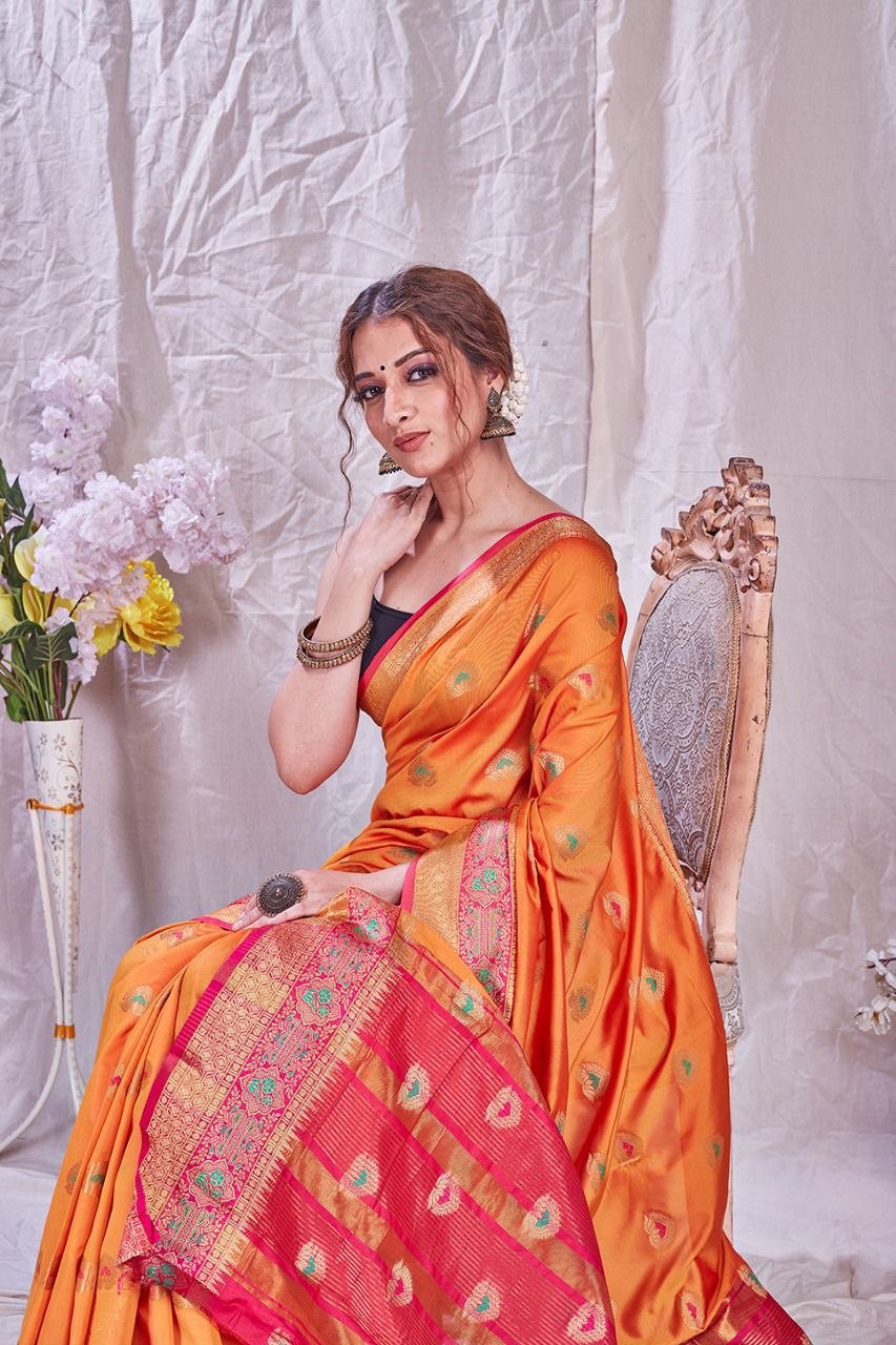 orange soft silk jacquard saree for wedding