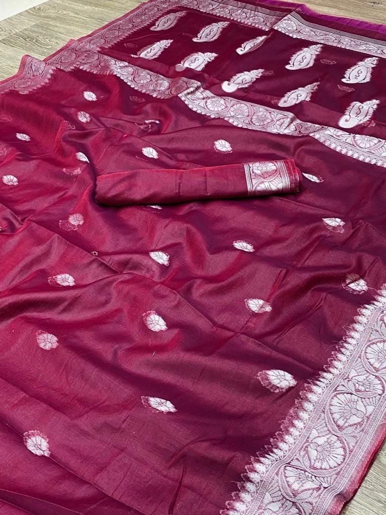 Opulent Maroon Banarasi Pure Cotton Silk Saree with Jacquard Detailing, Elevating Your Traditional Look with Its Richness