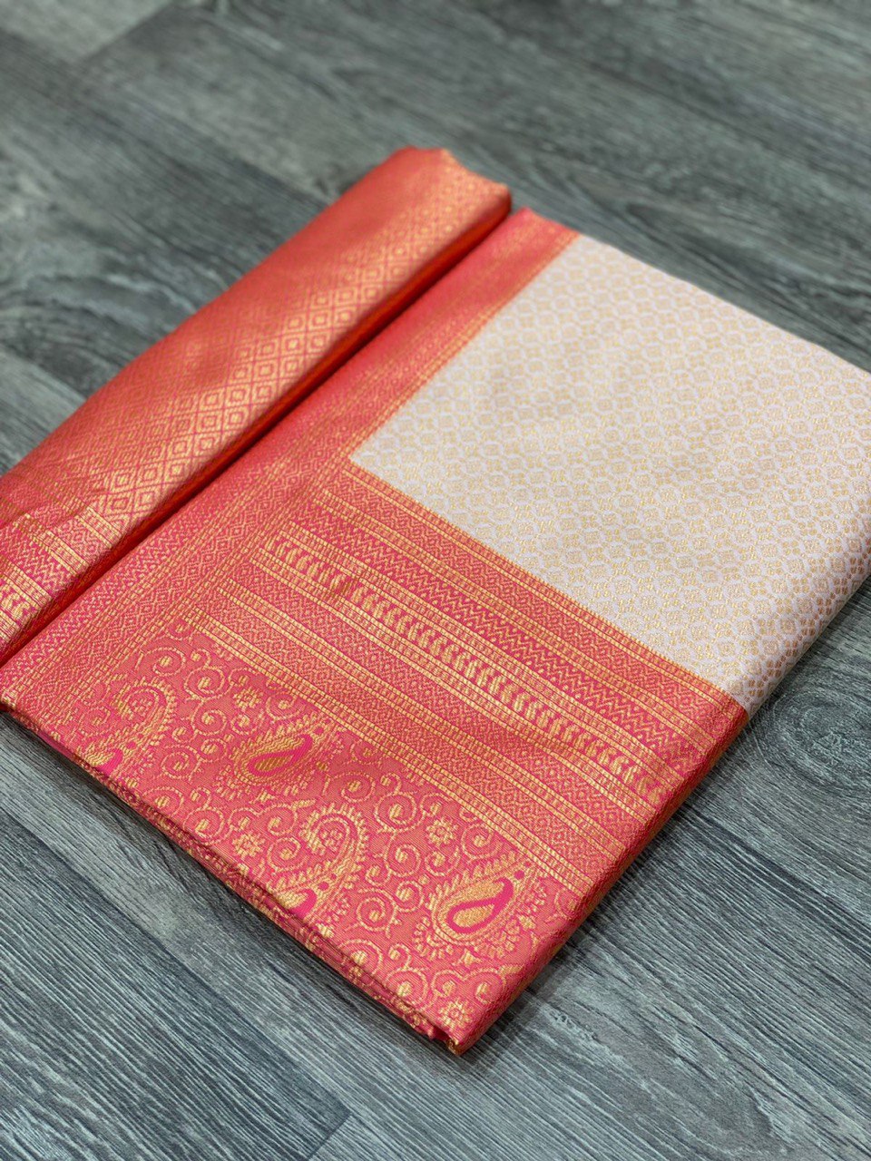 cream soft silk kanchivaram saree for party wear