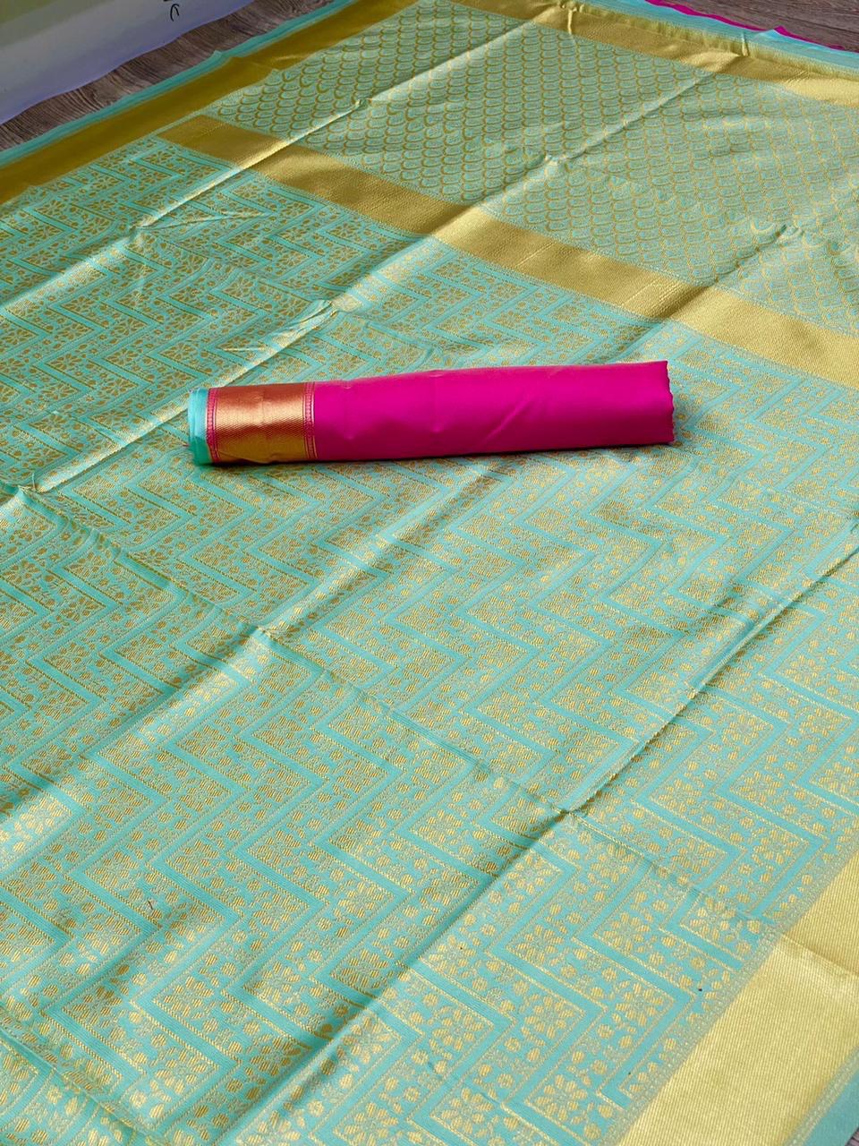 Enchanting Soft Silk Banarasi Saree in Light Green, Adorned with Jacquard Cotton Patterns for a Charming Look