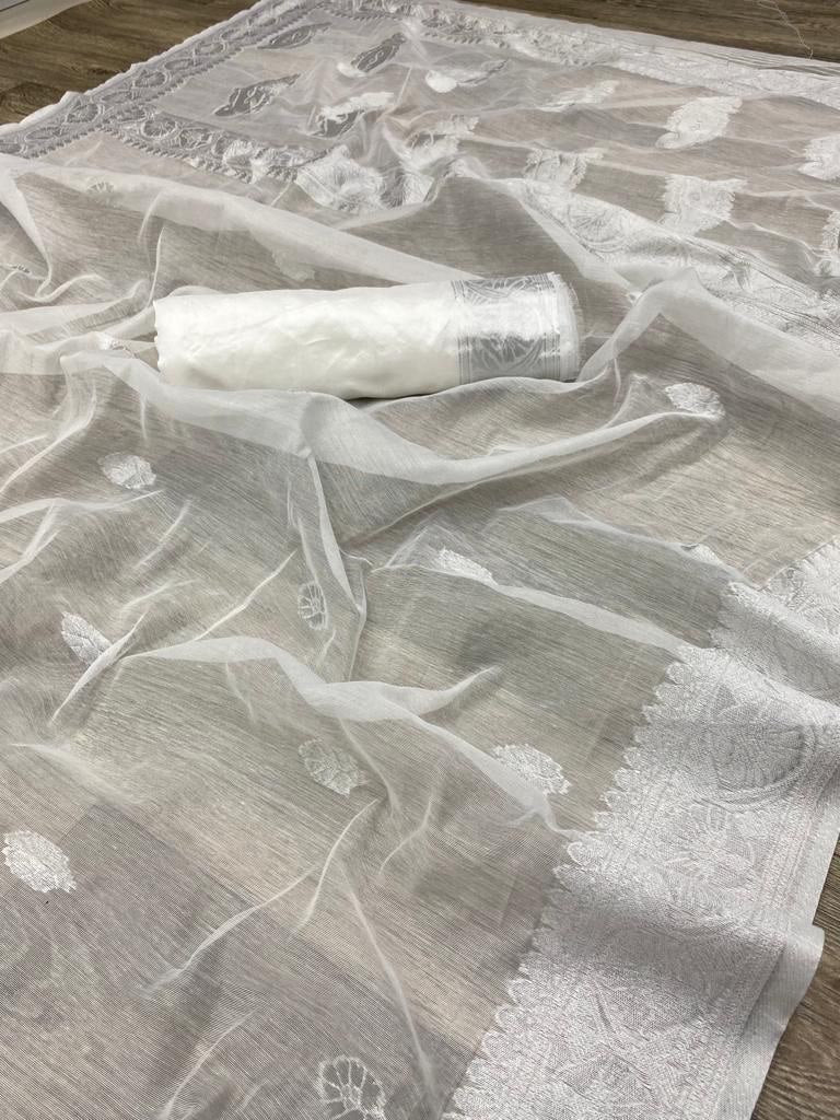 beautiful white jacquard banarasi saree for wedding