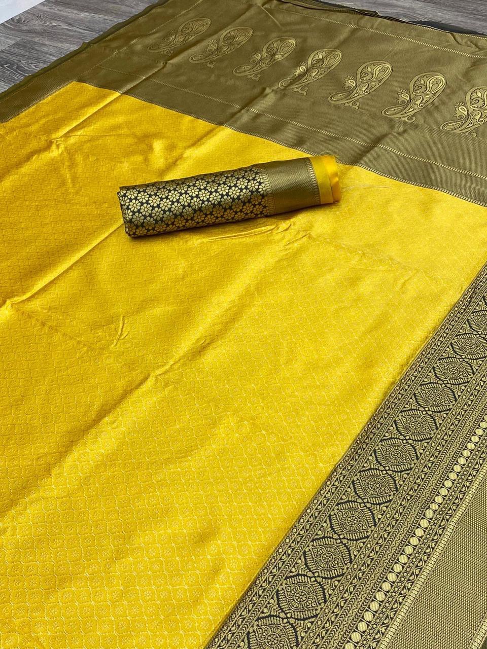 Yellow soft litchi silk saree