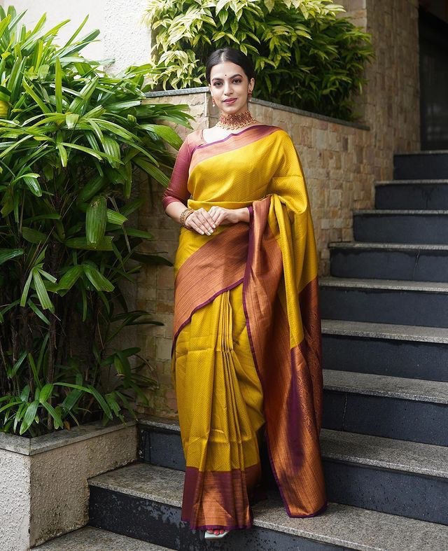 yellow soft jacquard silk saree