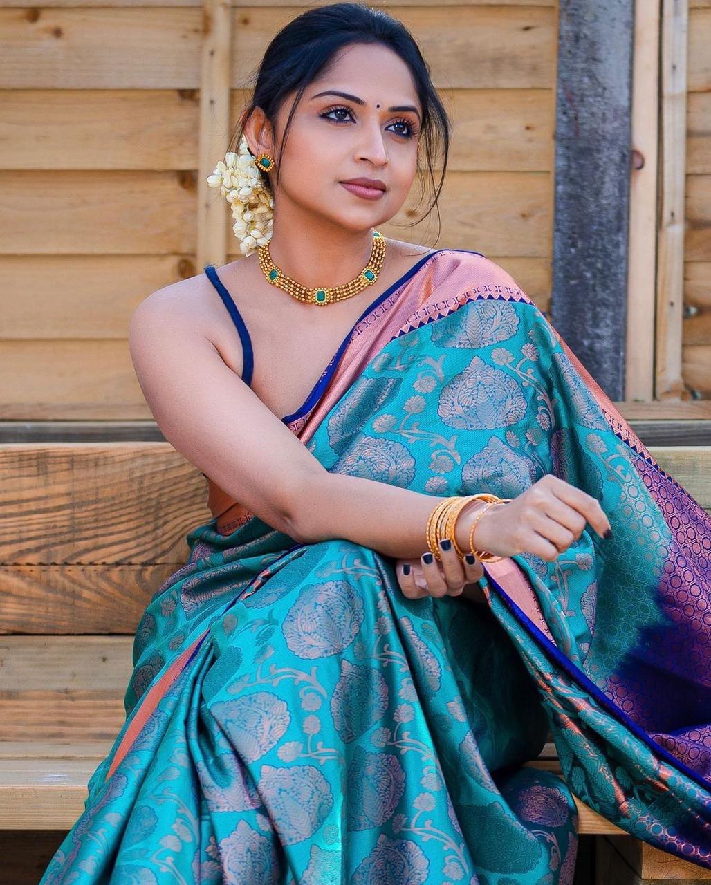 Sky Blue Zari Woven Fancy Jacquard Saree for Wedding