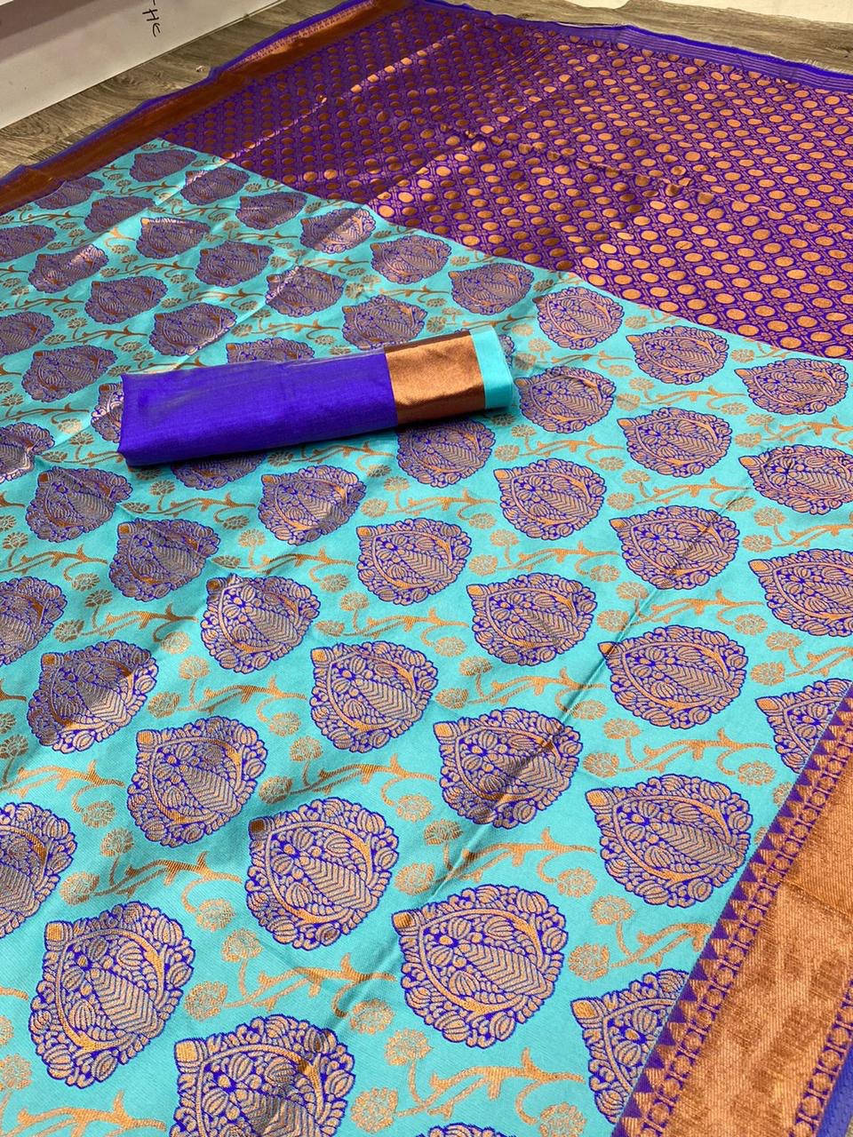 sky color jacquard saree for wedding
