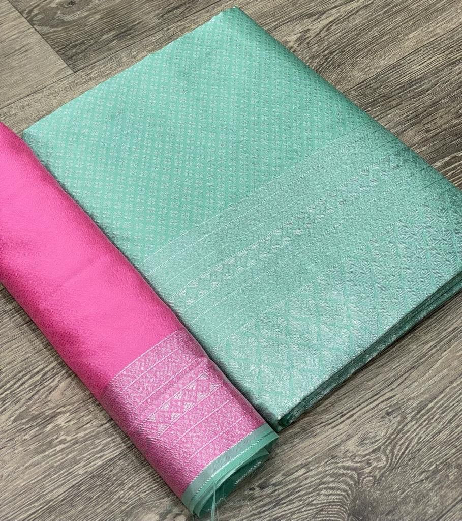 Glamorous Silver Green Zari Weaving Banarasi Silk Blend Saree
