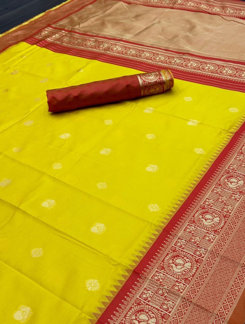 yellow haldi special kanjivaram silk saree
