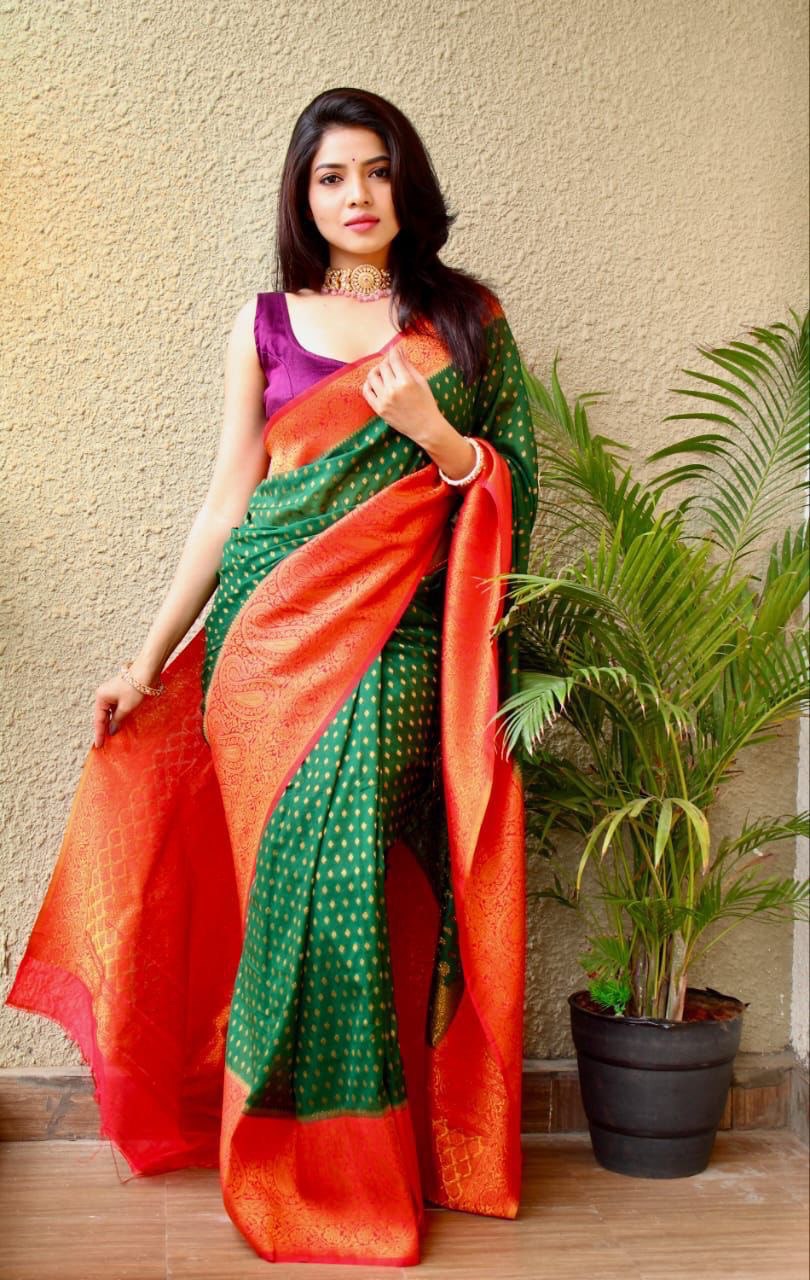 green zari woven jacquard work lichi silk saree