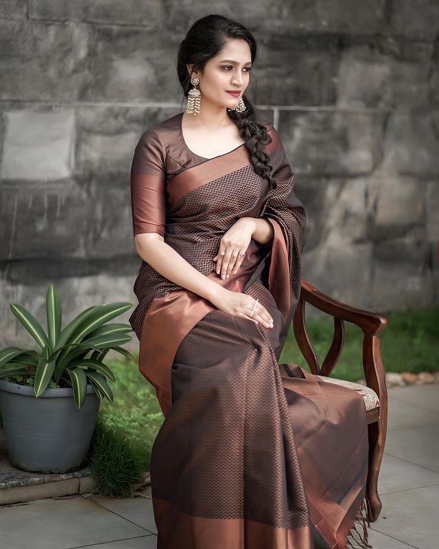 brown zigzag kanjivaram soft silk saree for wedding
