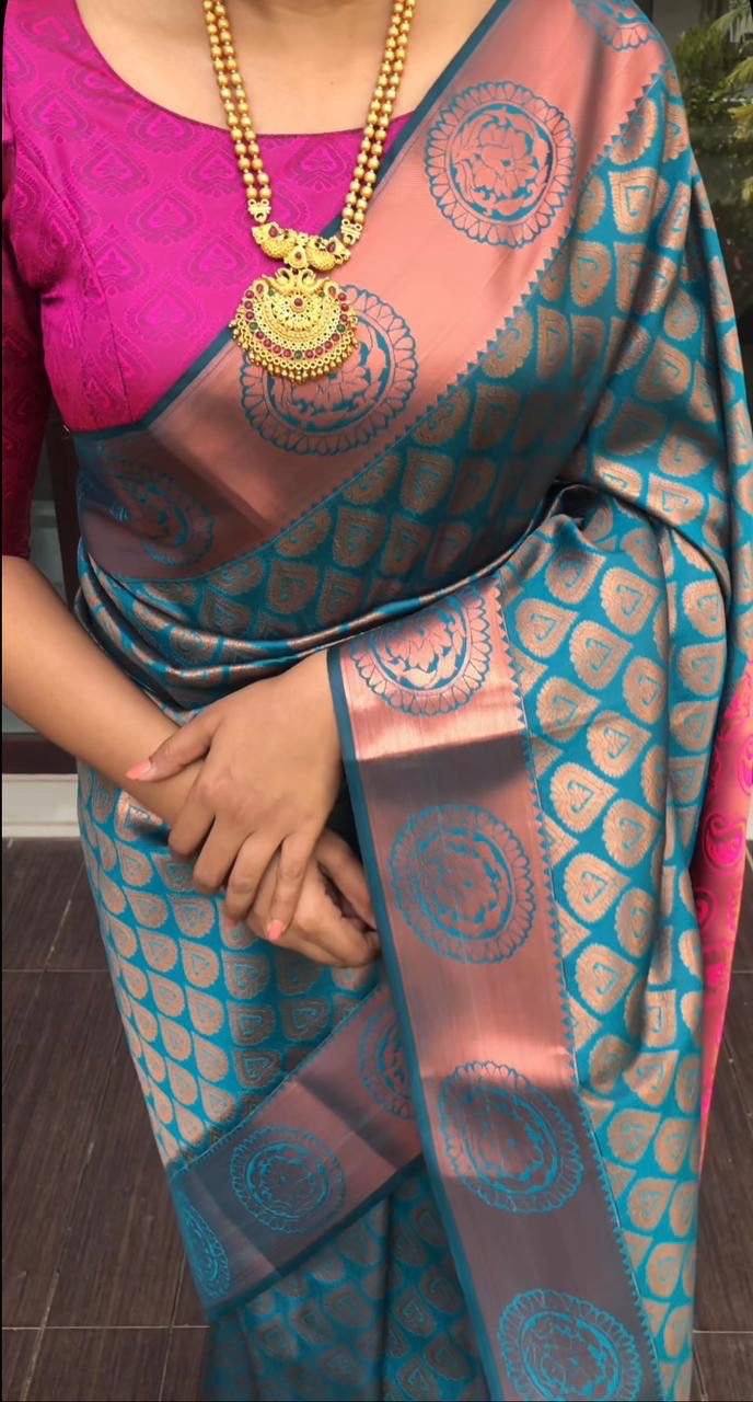 Regal Banarasi Soft Silk Saree in Blue with Ornate Zari Embellishments