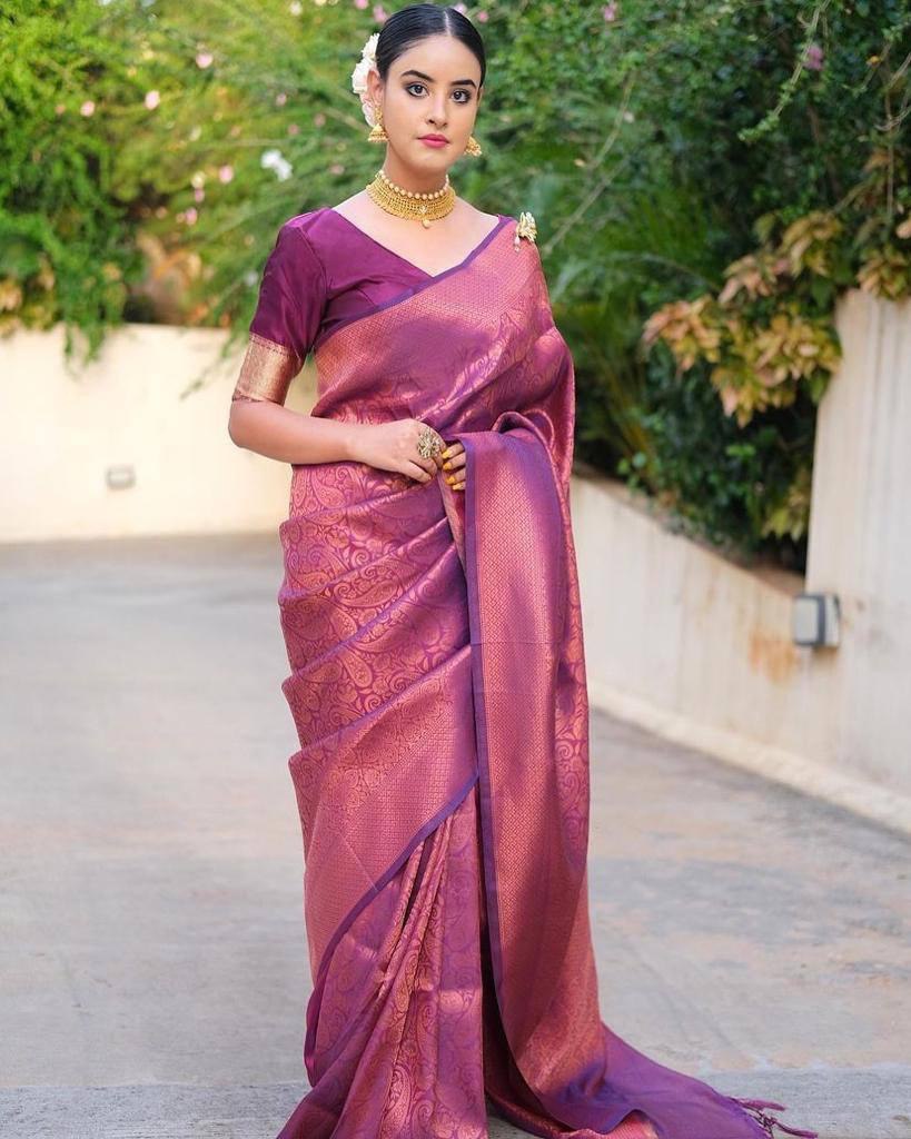 Radiant Purple Printed Banarasi Silk Blend Saree