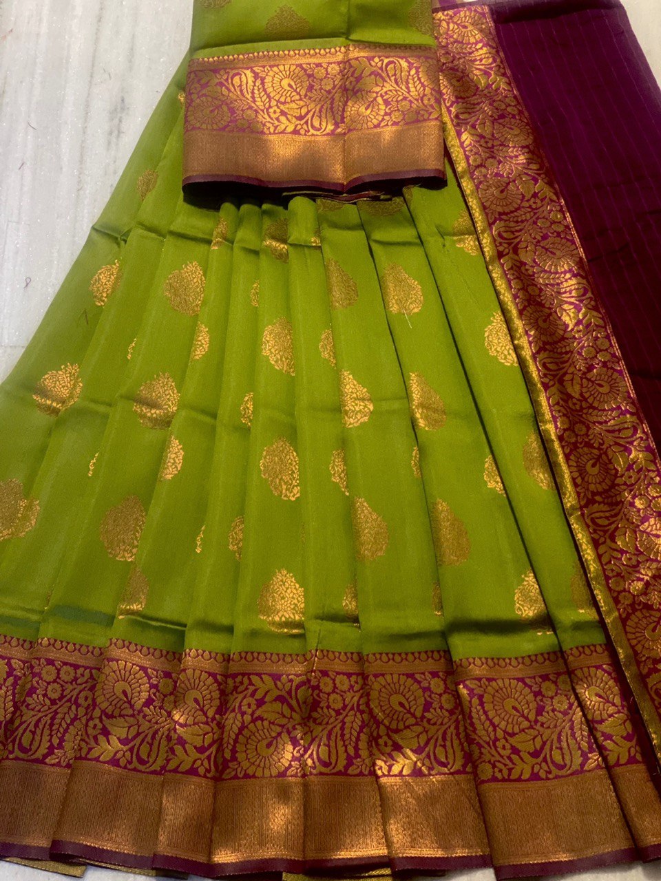 Stunning Green Pure Zari Weaving Half Saree, Perfect for Celebrating Festive Occasions