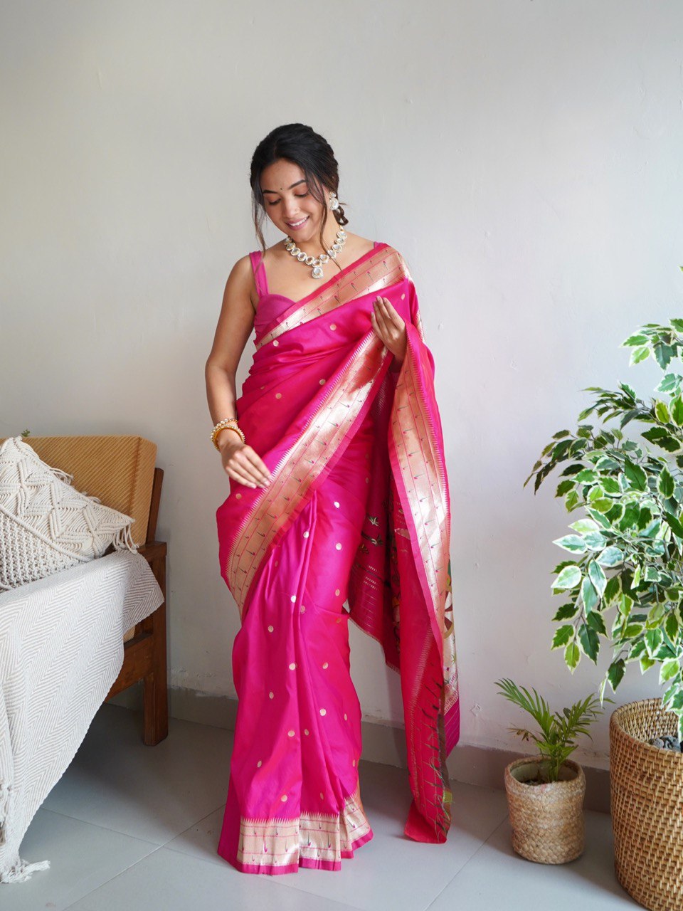 womens golden zari woven paithani kajnivaram soft silk saree