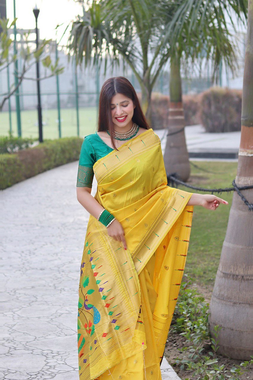 Luxurious Designer Yellow Banarasi Soft Silk Saree with Zari Work