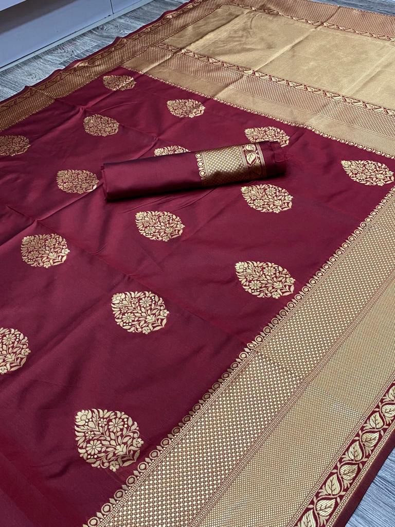 Leisurely Grace: Maroon Soft Silk Banarasi Cotton Saree, Offering Comfort and Style for Casual Day-to-Day Wear
