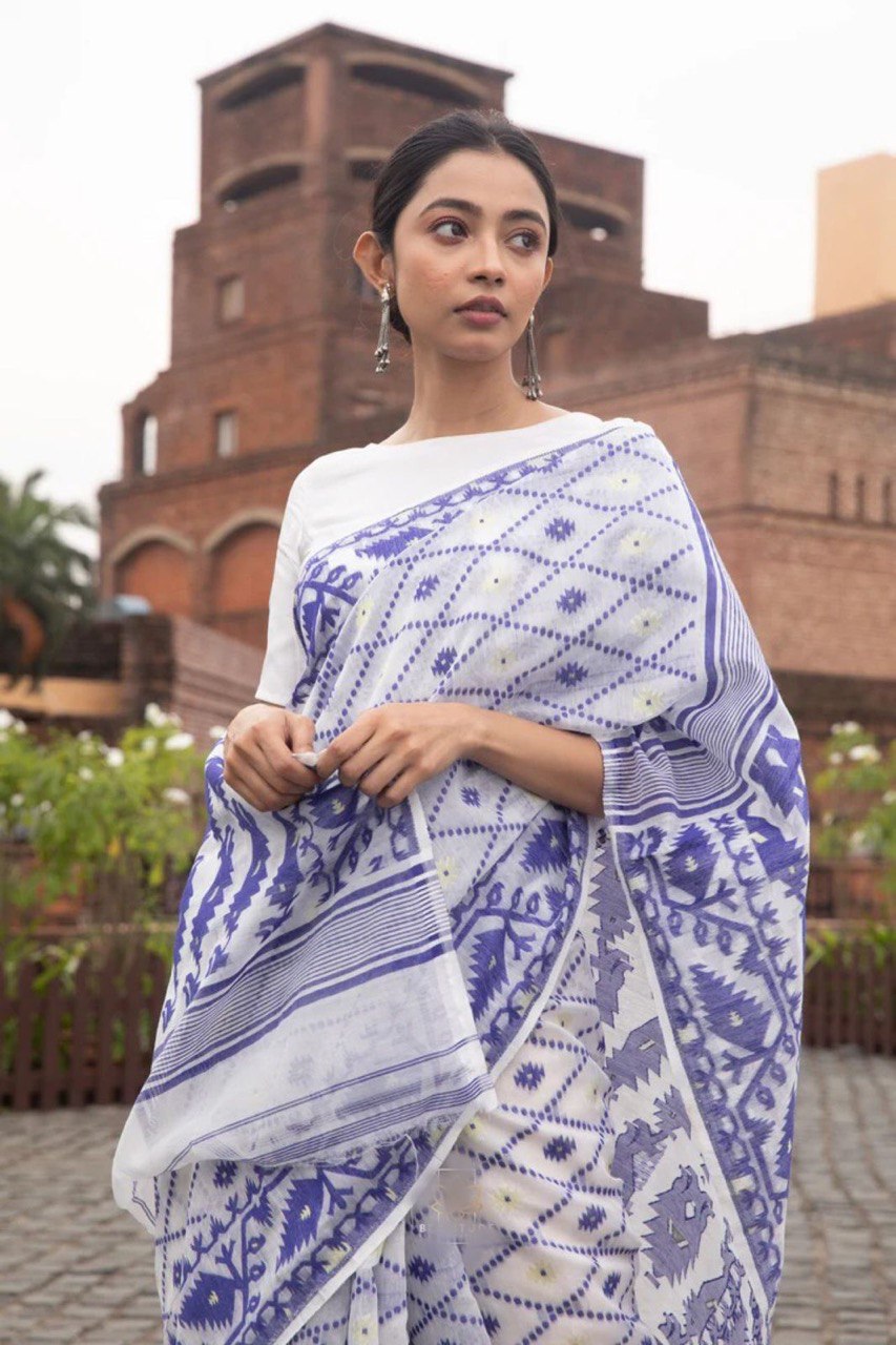 premium white color pure cotton saree