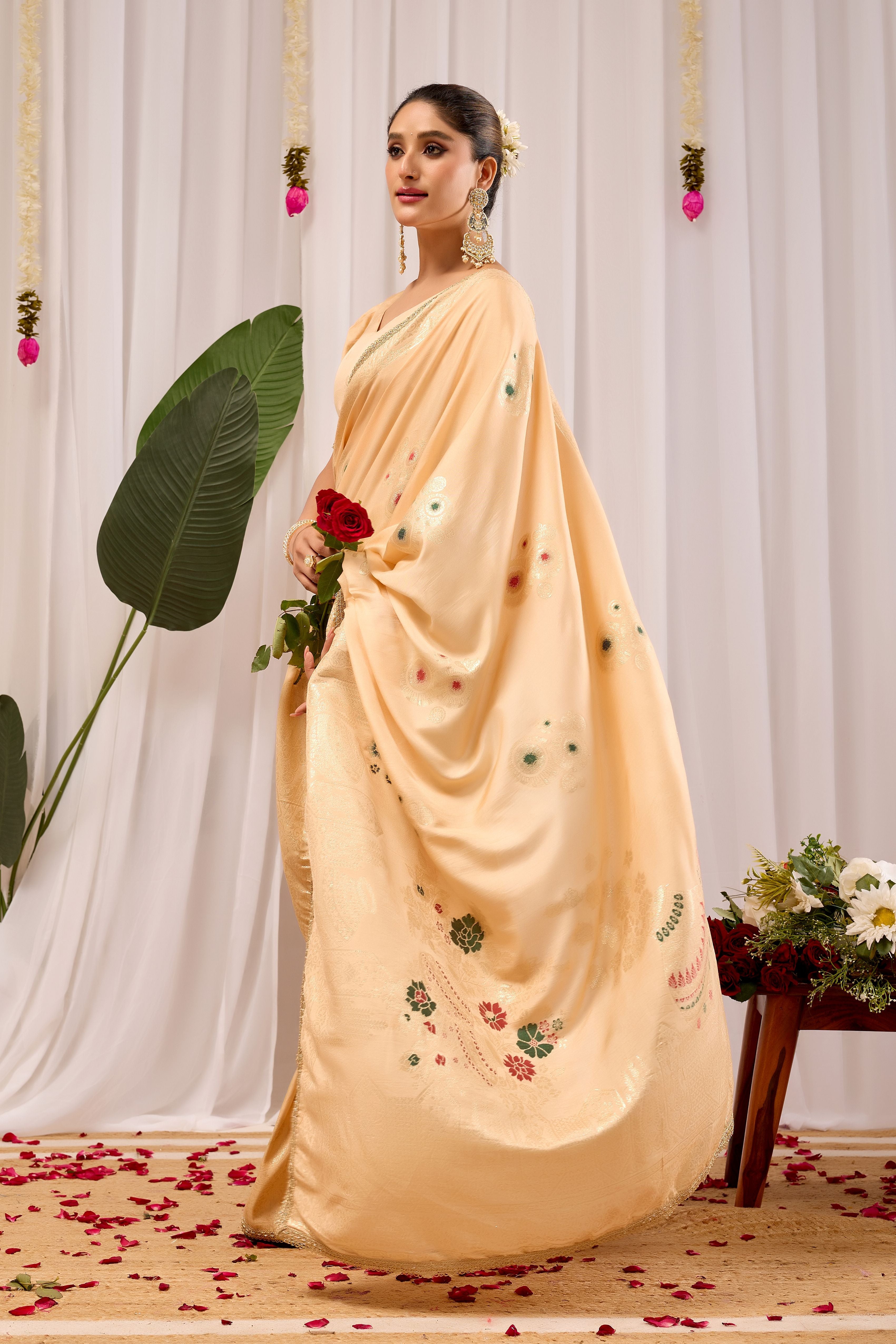 Beige Soft Silk Saree with Minimal Floral Motifs, Elegant Subtle Border, Classic Pallu and Matching Blouse Piece