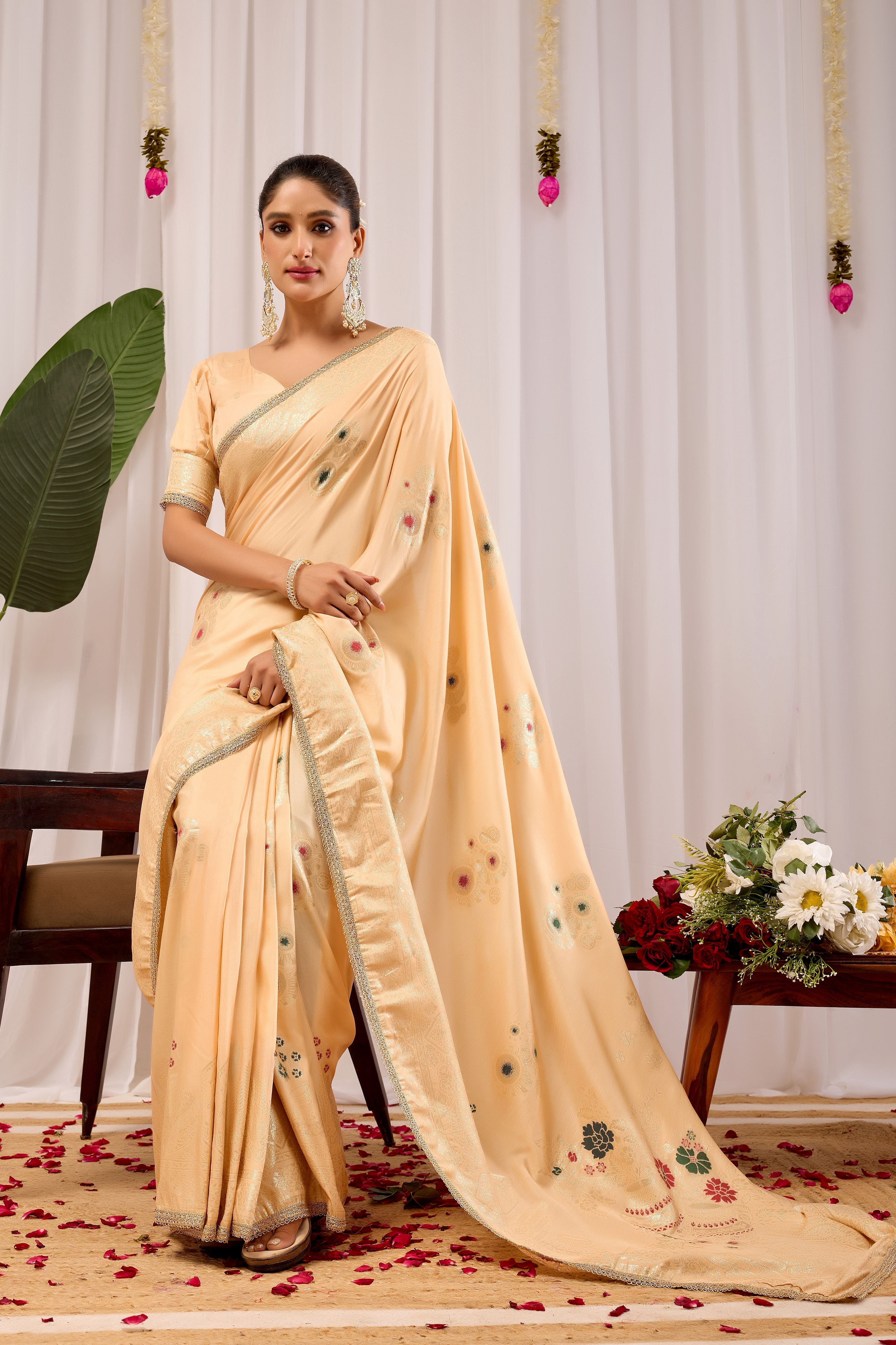 Beige Soft Silk Saree with Minimal Floral Motifs, Elegant Subtle Border, Classic Pallu and Matching Blouse Piece