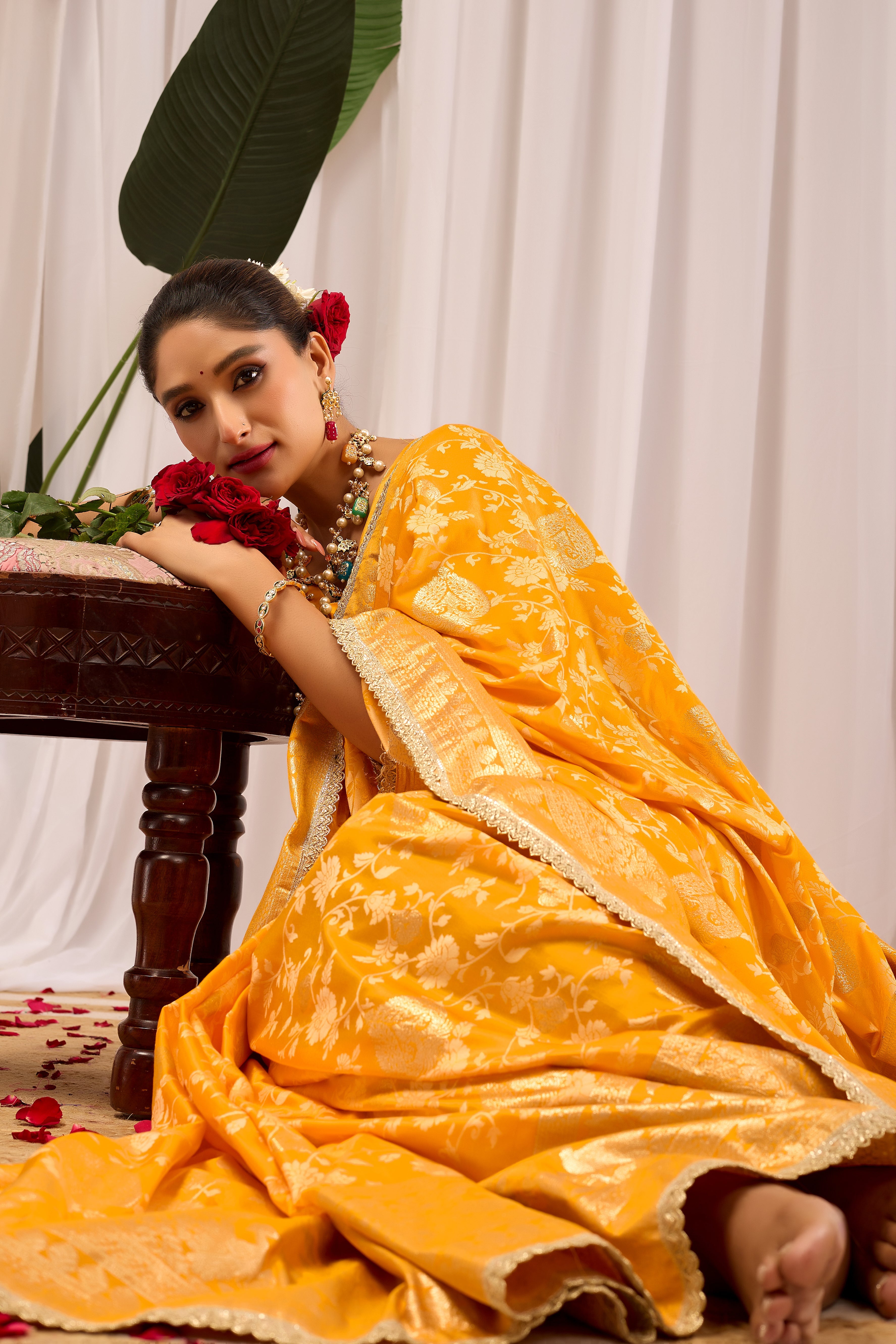 Golden Mustard Heritage Floral  Saree in Luxurious Silk Blend with Intricate Zari Border and Timeless Ethnic Elegance